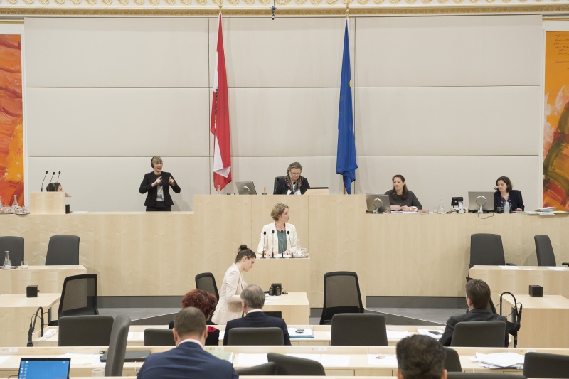 Am Rednerpult: Nationalratsabgeordnete Stephanie Krisper (N). Am Präsidium: Nationalratspräsidentin Anneliese Kitzmüller (F)