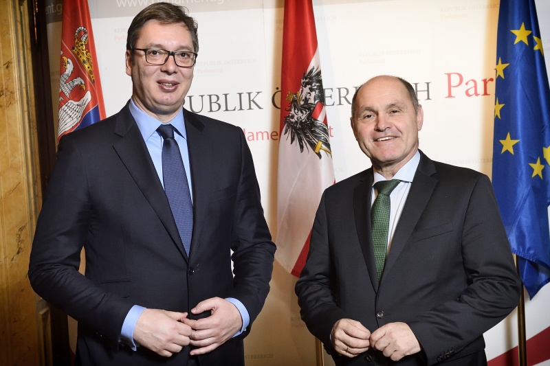 Von links: Präsident der Republik Serbien Aleskandar Vučić, Nationalratspräsident Wolfgang Sobotka (V)