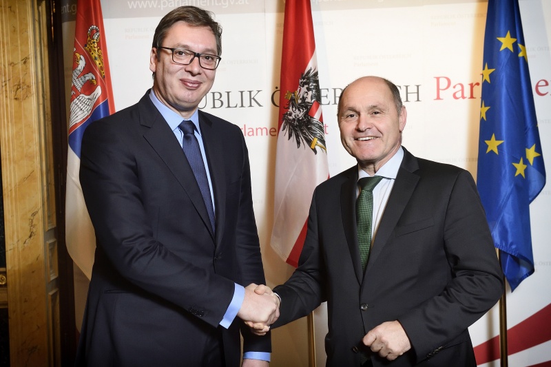 Von links: Präsident der Republik Serbien Aleskandar Vučić, Nationalratspräsident Wolfgang Sobotka (V)