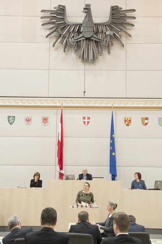 Am Rednerpult: Bundesrätin Nicole Schreyer (G). Am Präsidium: Bundesratspräsident Reinhard Todt (S)