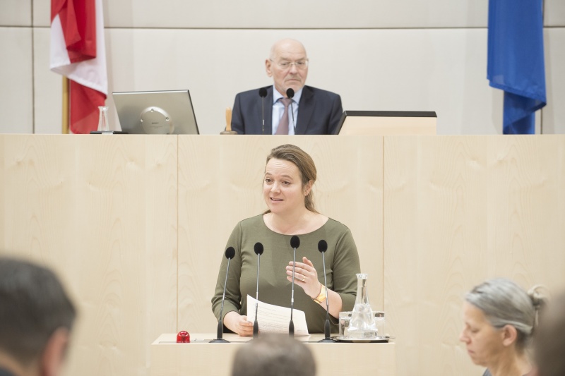 Am Rednerpult: Bundesrätin Nicole Schreyer (G). Am Präsidium: Bundesratspräsident Reinhard Todt (S)