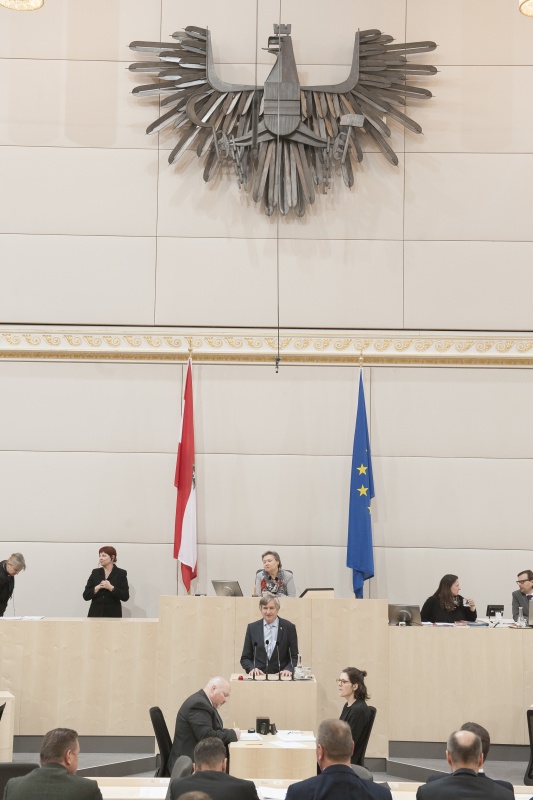 Am Rednerpult: Nationalratsabgeordneter Josef Smolle (V). Am Präsidium: Nationalratspräsidentin Anneliese Kitzmüller (F)