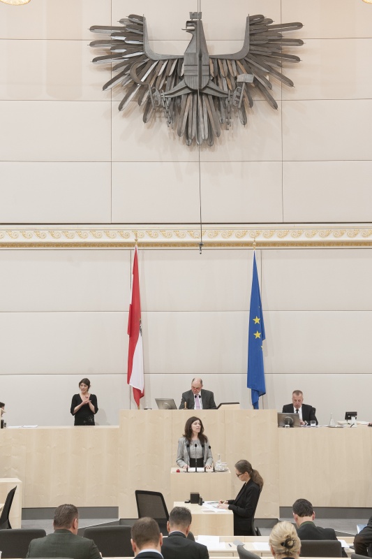 Am Rednerpult: Nationalratsabgeordnete Angela Baumgartner (V). Am Präsidium: Nationalratspräsident Wolfgang Sobotka (V)