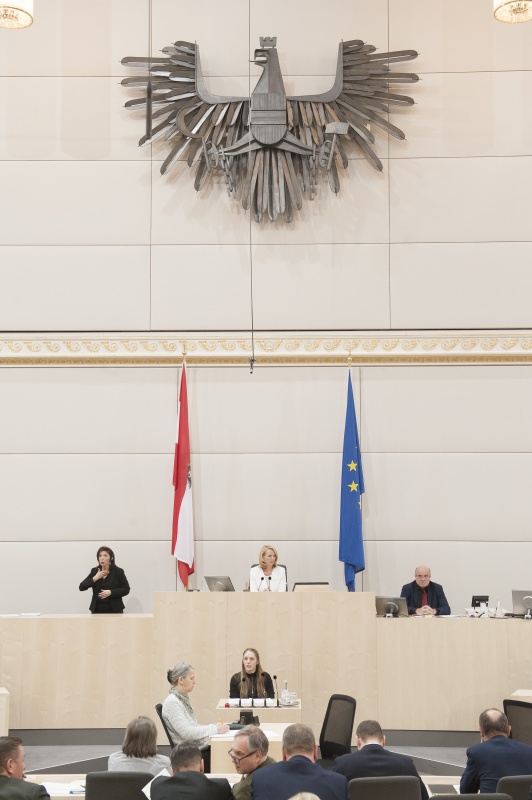 Am Rednerpult: Nationalratsabgeordnete Kira Grünberg (V) Am Präsidium: Nationalratspräsidentin Doris Bures (S)