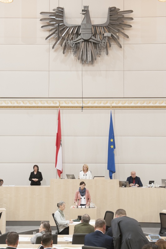 Am Rednerpult: Nationalratsabgeordnete Sabine Schatz (S). Am Präsidium: Nationalratspräsidentin Doris Bures (S)