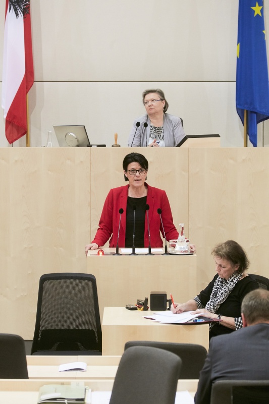 Nationalratsabgeordnete Renate Gruber (S) am Rednerpult. Im Hintergrund am Präsidium Dritte Nationalratspräsidentin Anneliese Kitzmüller (F)