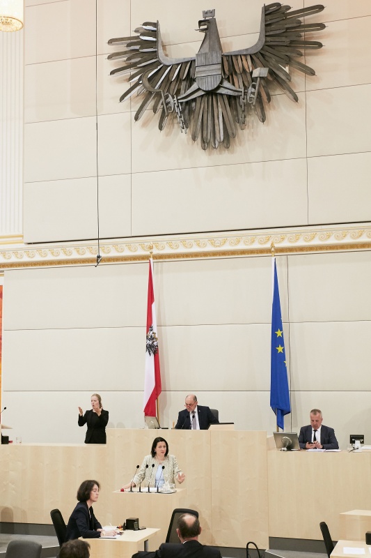 Nationalratsabgeordnete Gudrun Kugler (V) am Rednerpult. Im Hintergrund am Präsidium Nationalratspräsident Wolfgang Sobotka (V)
