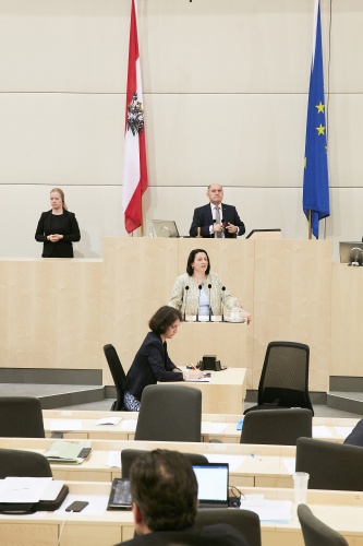 Nationalratsabgeordnete Gudrun Kugler (V) am Rednerpult. Im Hintergrund am Präsidium Nationalratspräsident Wolfgang Sobotka (V)