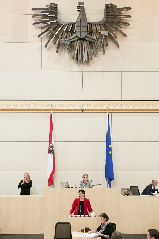 Nationalratsabgeordnete Renate Gruber (S) am Rednerpult. Im Hintergrund am Präsidium Dritte Nationalratspräsidentin Anneliese Kitzmüller (F)