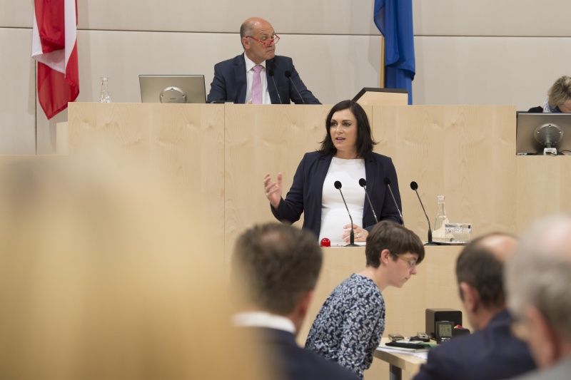 Am Rednerpult: Bundesministerin für Nachhaltigkeit und Tourismus Elisabeth Köstinger (V). Am Präsidium: Nationalratspräsident Wolfgang Sobotka (V)