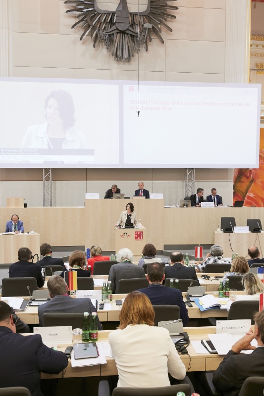 Rede Staatssekretärin im Bundesministerium für Inneres Karoline Edtstadler (V). Blick Richtung VeranstaltungsteilnehmerInnen