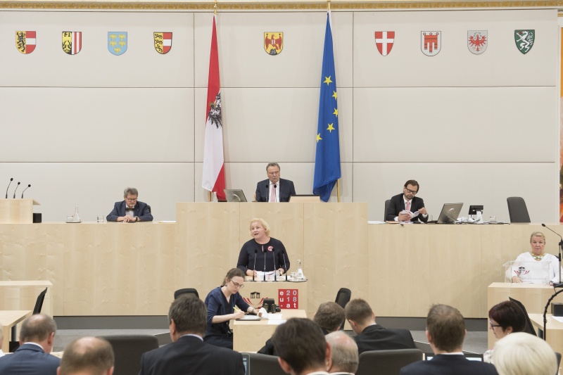 Am Rednerpult: Bundesrätin Korinna Schumann (S). Am Präsidium: Bundesratvizepräsident Ewald Lindinger (S)