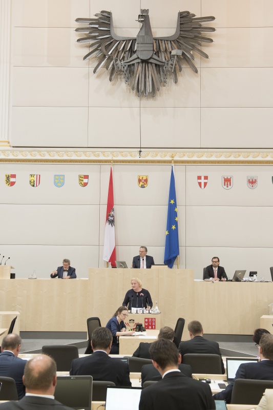 Am Rednerpult: Bundesrätin Korinna Schumann (S). Am Präsidium: Bundesratvizepräsident Ewald Lindinger (S)