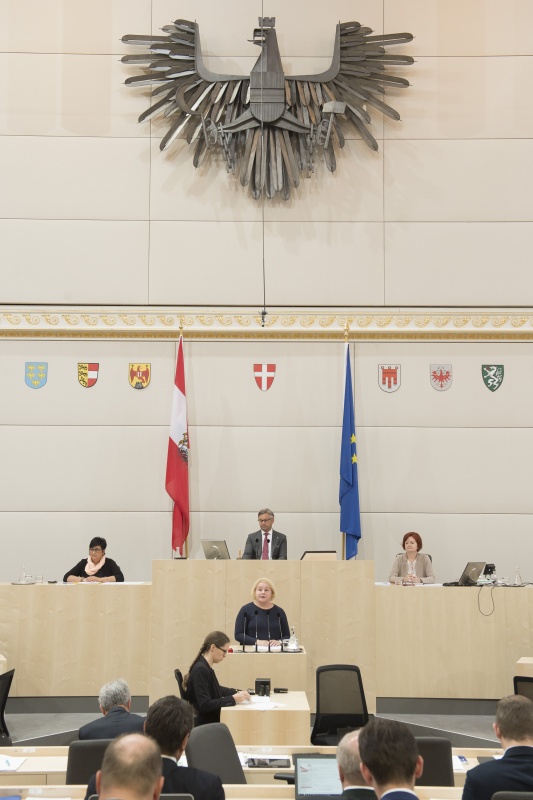 Am Rednerpult: Bundesrätin Korinna Schumann (S)