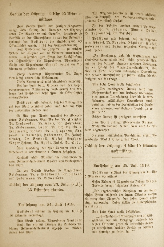 Protokoll über die geheimen Sitzunges des Hauses der Abgeordneten des Reichsrates am Dienstag den 23., Mittwoch den 24. und Donnerstag den 25. Juli 1918