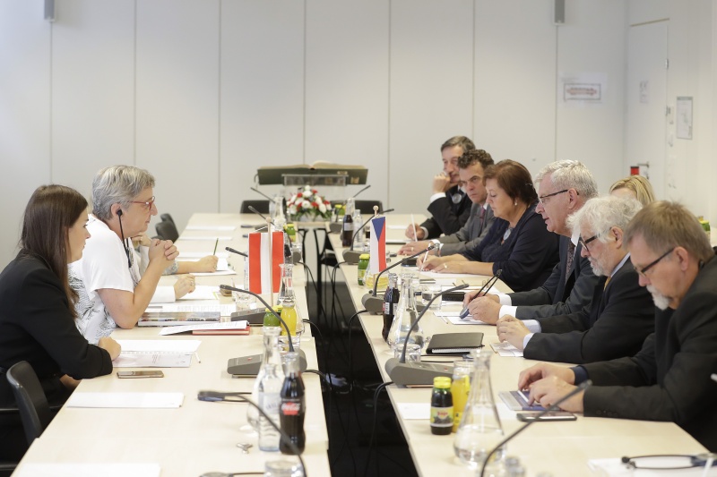 Aussprache. Linke Tischhälfte: Österreichische Delegation mit der Bundesratspräsidentin Inge Posch-Gruska (S) (2.von links). Rechte Tischhälfte: Delegation der Ständigen Kommission für ländliche Entwicklung des Senats der Tschechischen Republik unter der Leitung von Ivo Barek (3.v.re.)