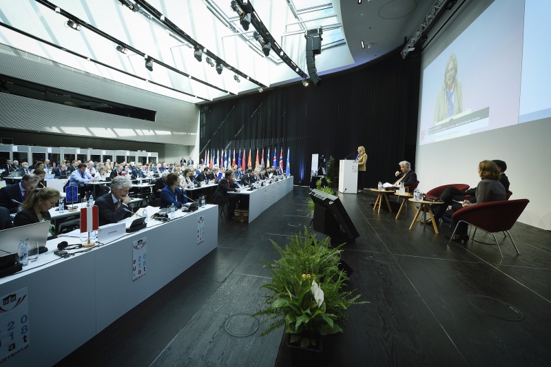 Außenministerin Karin Kneissl (F) am Rednerpult. Blick Richtung VeranstaltungsteilnehmerInnen