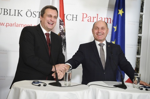 Pressekonferenz. Von links: Slowakischer Parlamentspräsident Andrej Danko, Nationalratspräsident Wolfgang Sobotka (V)