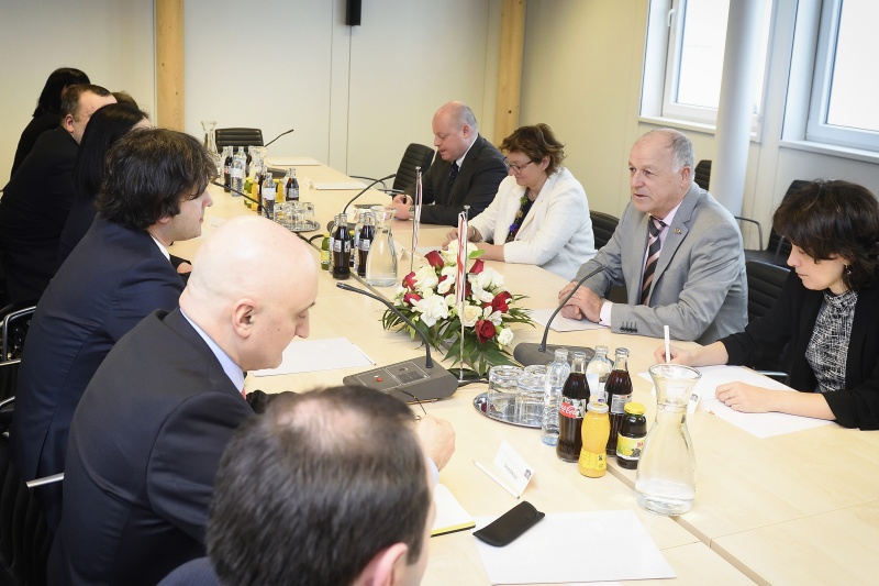 Rechte Tischhälfte: Österreichische Delegation unter der Leitung von Bundesratspräsident Ingo Appé (S) (2.von rechts). Linke Tischhälfte: Georgische Delegation unter der Leitung des Vorsitzenden des Parlaments der Republik Georgien Irakli Kobakhidze (3. von links)