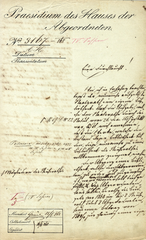 Kaiserfeld an Auersperg, Wien 15. Juni 1868. Reichsratspräsident Kaiserfeld sucht bei Ministerpräsident Auersperg um die Übergabe der ehemaligen Staatsrats-Bibliothek an das Abgeordnetenhaus bzw. den Reichsrat an