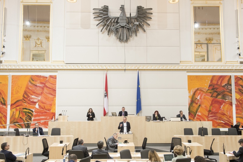 Am Rednerpult: Nationalratsabgeordneter Gerald Hauser (F). Am Präsidium: Nationalratspräsident Norbert Hofer (F)
