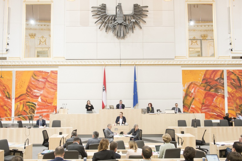 Am Rednerpult: Nationalratsabgeordnete Nina Tomaselli (G). Am Präsidium: Nationalratspräsident Norbert Hofer (F)
