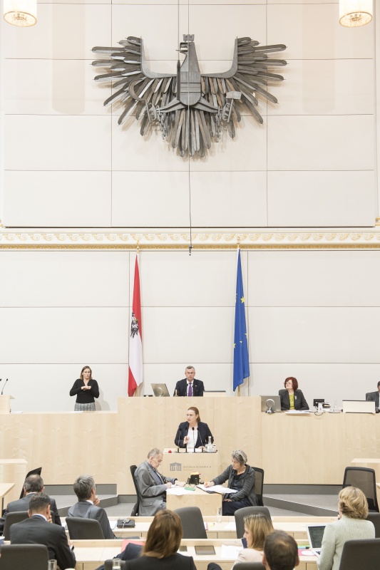 Am Rednerpult: Nationalratsabgeordnete Nina Tomaselli (G). Am Präsidium: Nationalratspräsident Norbert Hofer (F)
