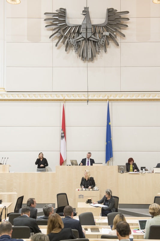 Am Rednerpult: Nationalratsabgeordnete Rebecca Kirchbaumer (V). Am Präsidium: Nationalratspräsident Norbert Hofer (F)
