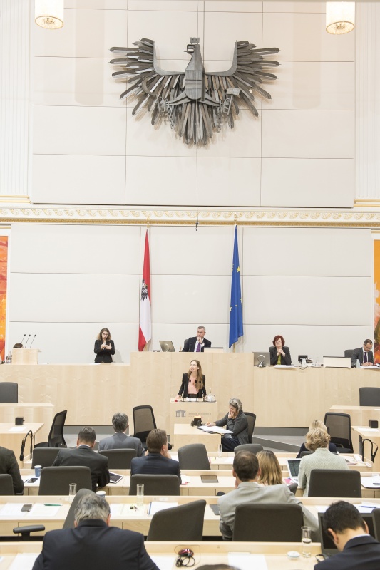 Am Rednerpult: Nationalratsabgeordnete Susanne Fürst (F). Am Präsidium: Nationalratspräsident Norbert Hofer (F)
