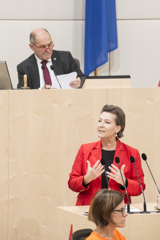 Am Rednerpult: Nationalratsabgeordnete Gabriele Heinisch-Hosek (S). Am Präsidium: Nationalratspräsident Wolfgang Sobotka (V)