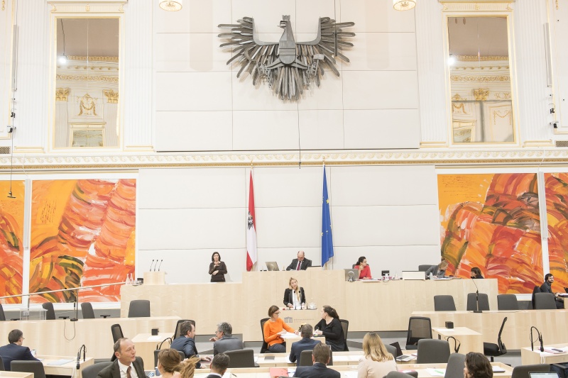 Am Rednerpult: Nationalratsabgeordnete Juliane Bogner-Strauß (V). Am Präsidium: Nationalratspräsident Wolfgang Sobotka (V)