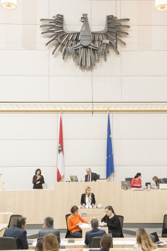 Am Rednerpult: Nationalratsabgeordnete Juliane Bogner-Strauß (V). Am Präsidium: Nationalratspräsident Wolfgang Sobotka (V)