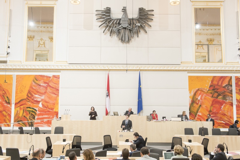 Am Rednerpult: Nationalratsabgeordneter Douglas Hoyos-Trauttmansdorff (N). Am Präsidium: Nationalratspräsident Wolfgang Sobotka (V)