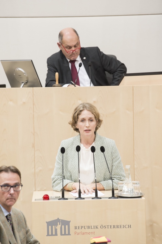 Am Rednerpult:Nationalratsabgeordnete Stephanie Krisper (N). Am Präsidium: Nationalratspräsident Wolfgang Sobotka (V)