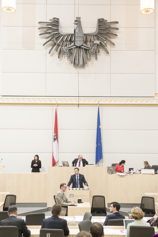 Am Rednerpult: Nationalratsabgeordneter Hermann Brückl (F). Am Präsidium: Nationalratspräsident Wolfgang Sobotka (V)