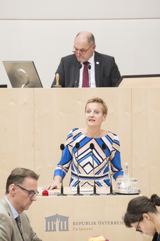 Am Rednerpult: Nationalratsabgeordnete Sibylle Hamann (G). Am Präsidium: Nationalratspräsident Wolfgang Sobotka (V)