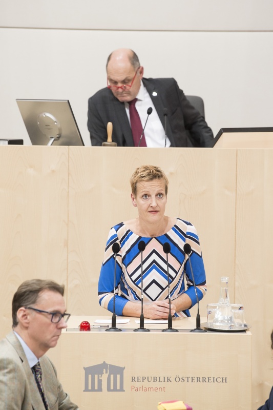 Am Rednerpult: Nationalratsabgeordnete Sibylle Hamann (G). Am Präsidium: Nationalratspräsident Wolfgang Sobotka (V)