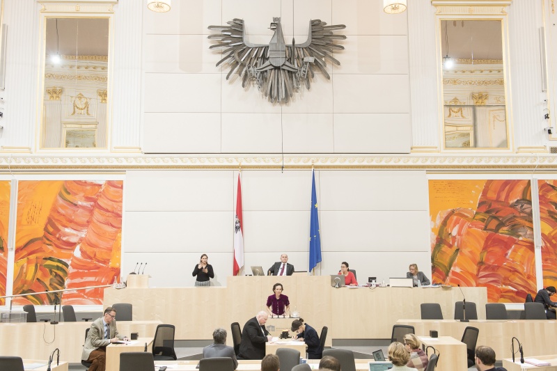 Am Rednerpult: Nationalratsabgeordnete Martina Künsberg Sarre (N). Am Präsidium: Nationalratspräsident Wolfgang Sobotka (V)