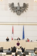 Am Rednerpult: Nationalratsabgeordnete Martina Künsberg Sarre (N). Am Präsidium: Nationalratspräsident Wolfgang Sobotka (V)