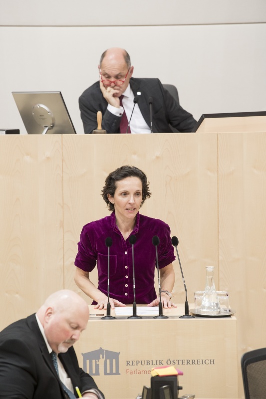 Am Rednerpult: Nationalratsabgeordnete Martina Künsberg Sarre (N). Am Präsidium: Nationalratspräsident Wolfgang Sobotka (V)