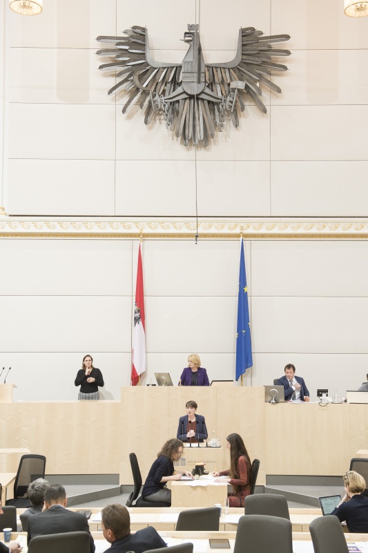 Am Rednerpult: Nationalratsabgeordnete Sigrid Maurer (G). Am Präsidium: Nationalratspräsidentin Doris Bures (S)