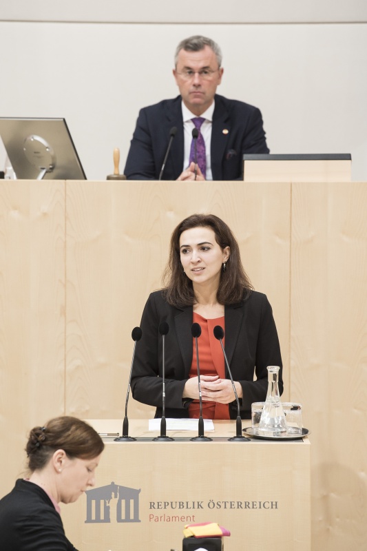Am Rednerpult: Nationalratsabgeordnete Alma Zadić (G). Am Präsidium: Nationalratspräsident Norbert Hofer (F)
