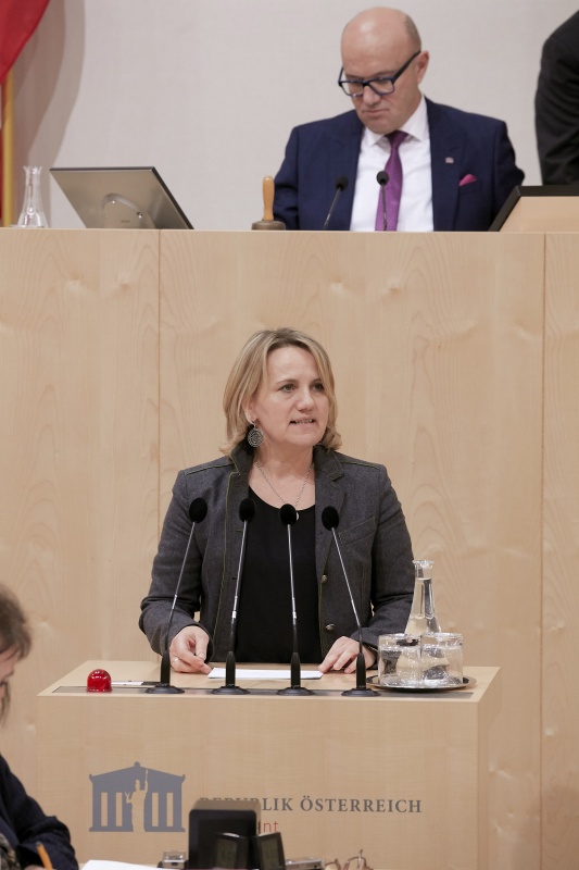 Am Rednerpult Bundesrätin Johanna Miesenberger (V)