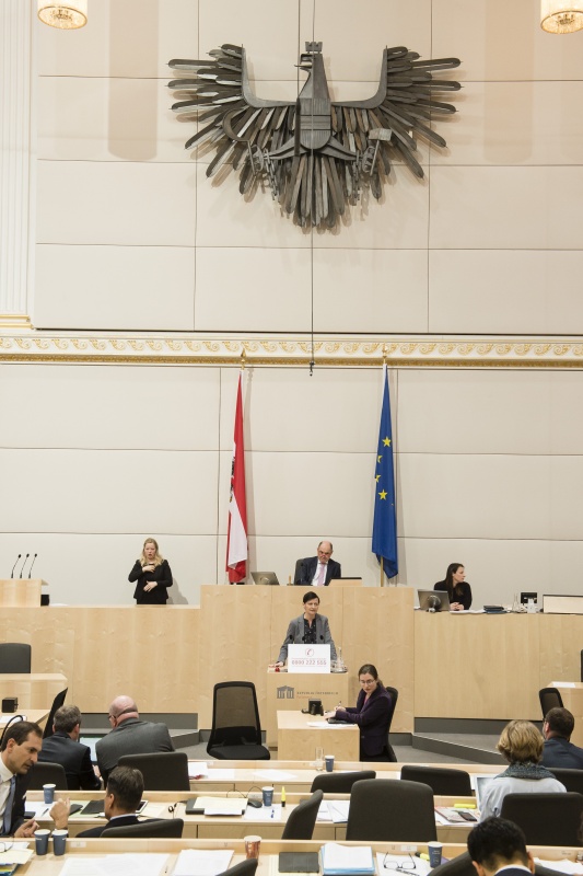 Am Rednerpult: Nationalratsabgeordnete Sabine Schatz (S). Am Präsidium: Nationalratspräsident Wolfgang Sobotka (V)