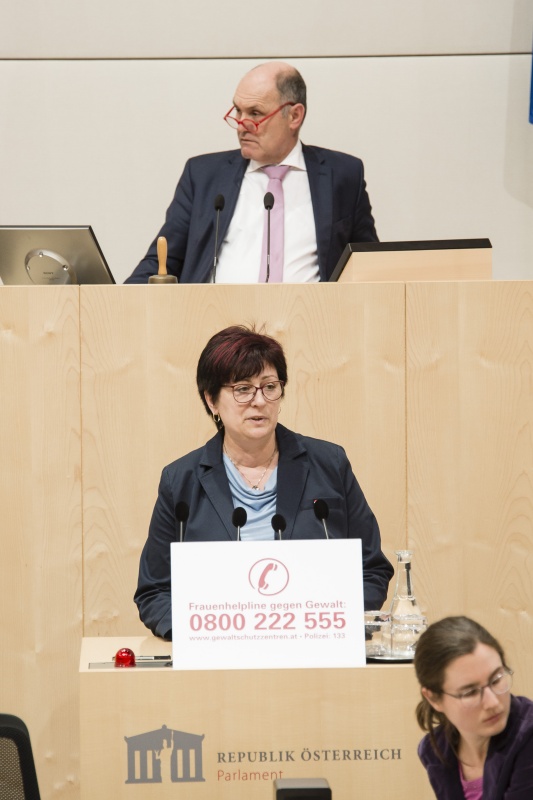 Am Rednerpult: Nationalratsabgeordnete Rosa Ecker (F). Am Präsidium: Nationalratspräsident Wolfgang Sobotka (V)