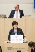 Am Rednerpult: Nationalratsabgeordnete Rosa Ecker (F). Am Präsidium: Nationalratspräsident Wolfgang Sobotka (V)