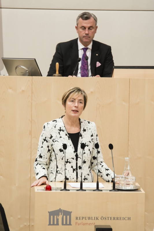 Am Rednerpult: Nationalratsabgeordnete Michaela Steinacker (V). Am Präsidium: Dritter Nationalratspräsident Norbert Hofer (F)