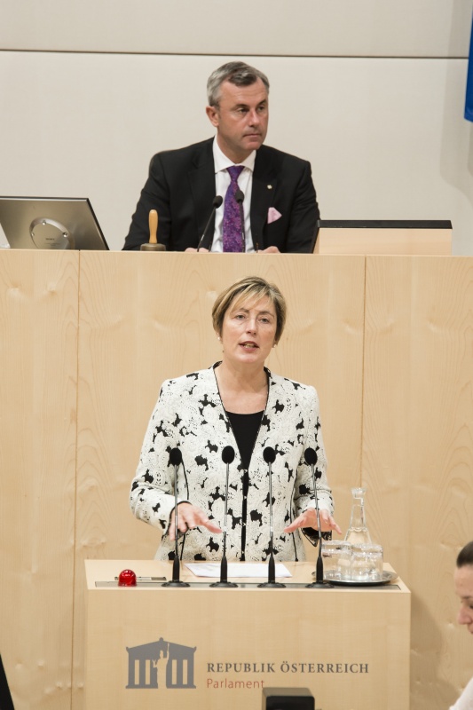 Am Rednerpult: Nationalratsabgeordnete Michaela Steinacker (V). Am Präsidium: Dritter Nationalratspräsident Norbert Hofer (F)