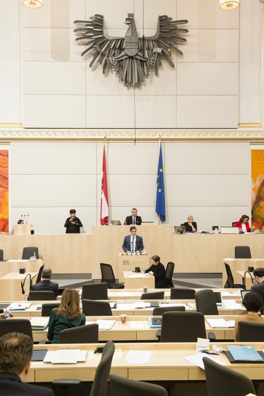 Am Rednerpult: Nationalratsabgeordneter Lukas Brandweiner (V). Am Präsidium: Dritter Nationalratspräsident Norbert Hofer (F)