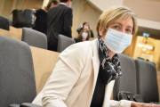 Nationalratsabgeordnete Michaela Steinacker (V) auf ihrem Sitzplatz im Plenum mit Schutzmaske